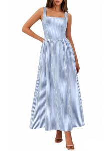 lot 718 image: PRETTYGARDEN Womens Maxi Dress Summer Striped Sundress 2026 Spring Smocked A Line Long Flowy Beach Vacation Party Dresses (Dark Blue Striped,Medium) - Retail $53