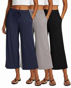 lot 721 image: Real Essentials 3 Pack Womens Ultra-Soft Wide Leg Loose Capri Open Bottom Pants - Yoga Lounge XXL - Retail $37