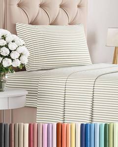 lot 726 image: Twin Size 3 Piece Sheet Set - Comfy Breathable & Cooling Sheets - Hotel Luxury Bed Sheets for Women & Men - Deep Pockets, Easy-Fit, Soft & Wrinkle Free Sheets - Beige Stripes Oeko-Tex Bed Sheet Set - Retail $30