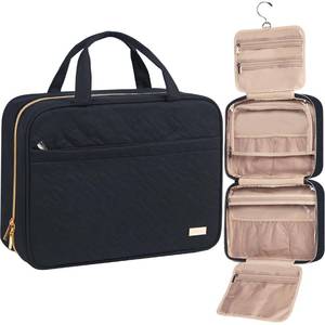 lot 1 image: NISHEL Travel Toiletry Bag for women, Portable Hanging Organizer for Family-Sized Shampoo, Conditioner, Brushes Set, Makeup Accessories, Extra Large Size, Black - Retail $23