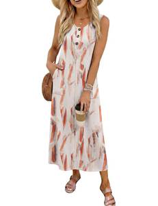 lot 754 image: Naggoo Womens Summer Boho Maxi Dress 2026 Trendy Sleeveless Scoop Neck Flowy Beach Floral Dresses with Pockets Multicolour Print L - Retail $15