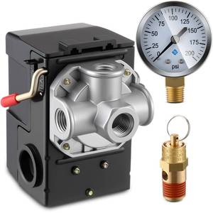 lot 759 image: Dreyoo Air Compressor Pressure Switch 135-175 4-Port 20 Amp with 0-200 PSI Gauge and 200 PSI Safety Relief Valve, 14 NPT Replacement Pressure Switch Parts for Air Compressor - Retail $30