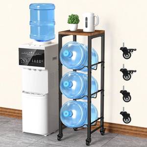 lot 765 image: 5 Gallon Water Bottle Jug Holder 3-Tier Water Bottle Holder Organizer with Lockable Casters Heavy Duty Water Storage Rack Water Dispenser Stand With Wood Top Shelf for Kitchen Office Garage Brown - Retail $46
