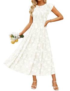 lot 766 image: ZESICA Womens Summer Boho Floral Midi Dress 2026 Casual Flutter Short Sleeve Crewneck Smocked Flowy Beach Long Dresses White Small - Retail $30