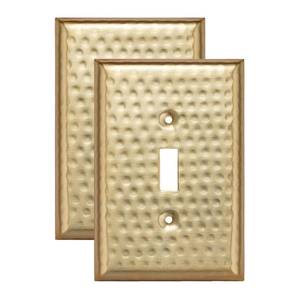 lot 772 image: Monarch Abode Single Toggle Light Switch Cover Plate �� 1-Gang Brushed Gold Outlet Covers, Hand Hammered Decorative Outlet Cover Wall Plates, Light Switch Plate Covers for Electric Outlets, Pack of 2 - Retail $23
