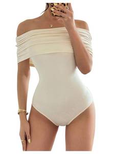 lot 781 image: OYOANGLE Womens Off The Shoulder Bodysuit Ruched Party Going Out Body Suits Tops Apricot Small - Retail $27