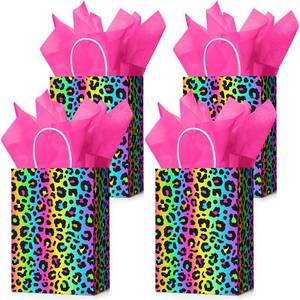 lot 810 image: AmazingSpark 12 Pcs Leopard Party Decor Cheetah Party Bags Neon Leopard Print Bags with Handle and Rose Red Tissue Paper for Wild Animal Cheetah Theme Birthday Decorations - Retail $14