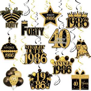 lot 816 image: 40th Birthday Decorations - 30Pcs Happy 40th Birthday Hanging Swirls Streamers for Men Women Black Gold Vintage 1986 Birthday Ceiling Hanging Decor for 40 Years Old Birthday Anniversary Party Supplies - Retail $8