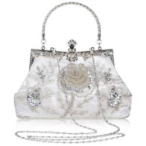 lot 846 image: Womens Beaded Clutch 8.6 x 5.2 x 2.8 Inch Vintage Embroidery Evening Bag Sequin Rhinestone Clutch Purse Floral Crossbody Bag(Silver) - Retail $29