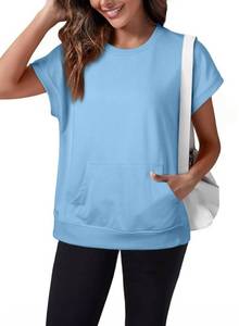 lot 867 image: Pre Owned Women Summer Shirts Trendy Pullover Crew Neck Tops Fall Oversized Work Sweatshirt Spring Short Sleeve Hoodies Pocket Solid 2026 Clothes Size M, Blue - Retail $17