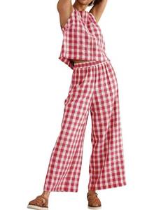 lot 876 image: codcm Women 2 Piece Summer Outfits Gingham Lounge Set Y2k Plaid Sleeveless Top Wide Leg Pants Matching Set(Red,Large) - Retail $33