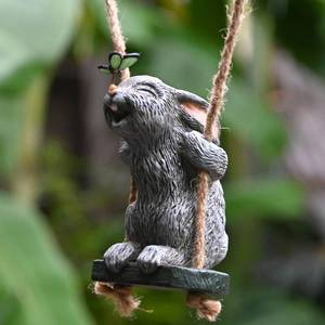lot 904 image: OwMell Garden Rabbit Statues, Cute Swing Bunny with Butterfly Statue Decoration for Yard Hanging Outdoor, Tree Ornaments Figurine for Stump Branch Lawn Patio Decor - Retail $25