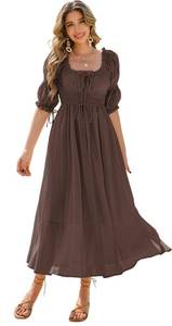 lot 908 image: R.Vivimos Womens Summer Square Neck Midi Dress 2026 Casual Puff Half Sleeve Elastic Empire Waist Boho Flowy Long Dresses (Large, Brown) - Retail $40