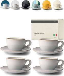 lot 916 image: KIVY Cappuccino cups set 4x 8oz - Thick-walled stoneware cappuccino cup set for latte art - Cappuccino coffee cups - Tazas de cafe - Latte cups - Ceramic latte art cup and saucer set of 4 - Grey - Retail $40