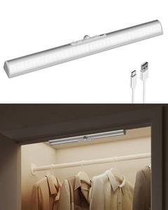 lot 957 image: EZVALO 17-Inch LED Motion Sensor Closet Light, Rechargeable 3600mAh Battery, 150 Lumens No-Glare Curved, 3 Color Temperatures & Dimmable Cabinet Light for Wardrobes & Shelves - Retail $27