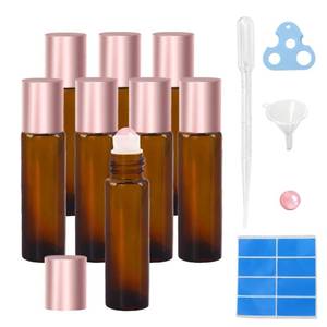 lot 961 image: Warmify 8 Pack Rose Quartz Roller Bottles for Essential Oils, 10ml Refillable Amber Glass Roll On Bottles with Natural Crystal Roller Balls, Leak-Proof Travel Perfume Bottle with Rose Gold Caps - Retail $9
