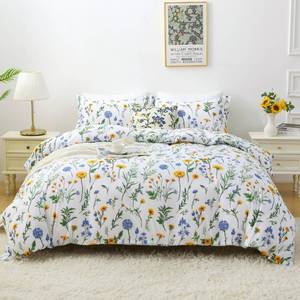 lot 968 image: Mooreeke Floral Queen Size Comforter Sets, Dandelion Floral Botanical Patterned Bedding for All Seasons, 3-Piece Vintage Bed in a Bag with Fluffy Quilted Reversible Comforter & 2 Pillow Shams - Retail $34