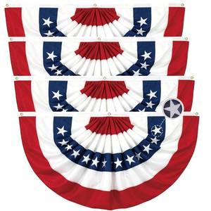 lot 977 image: 4 Pack American Flag Bunting Outdoor 3x6 Ft, Embroidered Stars USA Pleated Fan Flags, Heavy Duty Canvas Header & 3 Brass Grommets for 4th of July Patriotic Decoration, Memorial Day - Retail $81