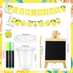 lot 983 image: Lemonade Stand Supplies 50 Pcs Lemonade Cups with Lids and Straws, 2 Pcs Lemonade Banners, Wooden Blackboard and Lemon Stickers for Summer Lemon Birthday Baby Shower Party Decor,Yellow - Retail $26