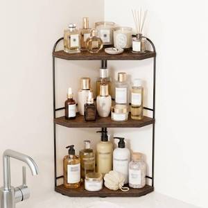 lot 992 image: Corner Bathroom Counter Organizer, 3-Tier Wood Countertop Organizer for Perfume, Makeup Storage, Skincare Organizers for Vanity, Counter Corner Shelf for Kitchen, Bathroom, Dresser (Rustic Brown) - Retail $23