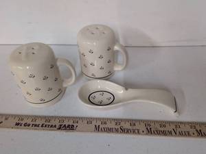 lot 3 image: Ceramic Salt Pepper Shaker Set with Spoon Rest 3-Piece Floral Design