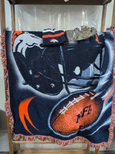 lot 58 image: Denver Broncos NFL Throw Blanket with Beanie Hat and Cap