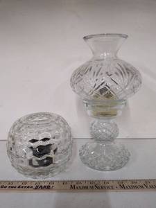 lot 62 image: Cut Glass Candle Lamp Set with Burner and Shade 2-Piece