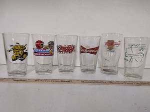 lot 67 image: Budweiser Promotional Pint Glasses Lot of 6 Racing Bowtie Logo