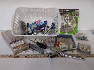 lot 73 image: Mixed Hand Tools and Hardware Lot Basket with Saw Blades