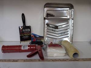 lot 84 image: Paint Supplies Lot with Brush, Roller, Tray, Caulk Gun and Accessories