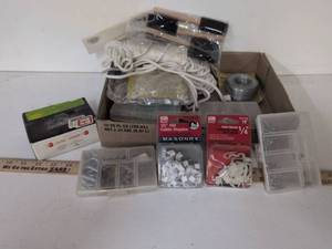 lot 97 image: Hardware Fasteners and Cable Supplies Lot - Hooks, Staples, Clamps, Rope