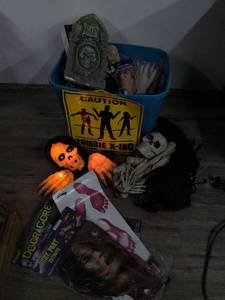 lot 119 image: Halloween Zombie Decoration Lot Bin Gravestone Hands Footprints RIP