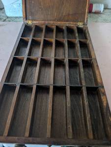 lot 1209 image: Wooden Storage Box with Compartments and Metal Handle