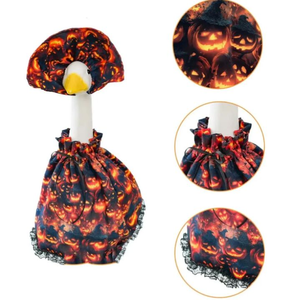 lot 1306 image: Porch Goose Halloween Pumpkin Print Ruffle Mesh Sleeve Shirt with Black Lace Trim
