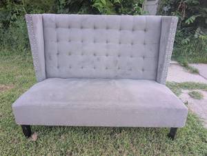Gray Upholstered Wingback Settee Couch with Nailhead Trim