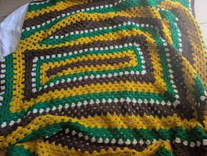 lot 1216 image: Handmade Crochet Blanket Green Yellow Brown White Striped