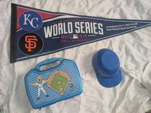 lot 1217 image: Kansas City Royals 2014 World Series Memorabilia Lot Pennant Lunch Box Cap