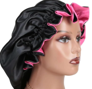 lot 1700 image: R&ampR Hair Bar Black Satin Bonnet with Pink Lining - New