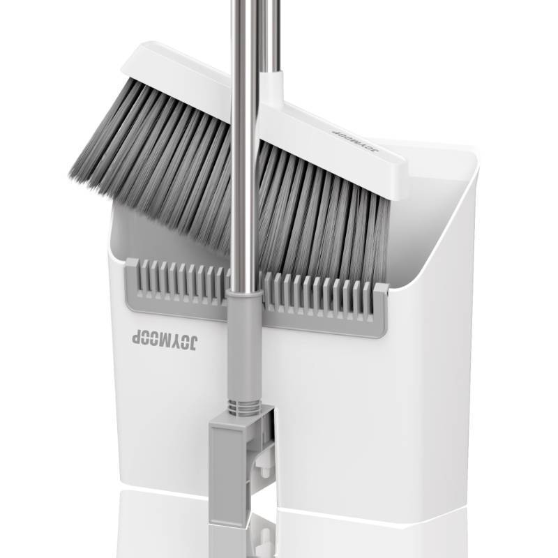lot 24134 image: JOYMOOP White Broom and Dustpan Set, Upright Angle Design with Built-in Comb Teeth for Kitchen, Office, Pet Hair, Hard Floors - Retail $30