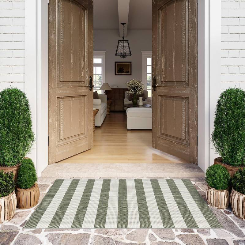 lot 24260 image: LEEVAN Outdoor Patio Rug 3x5, Washable Striped Front Porch Mat, Spring Colorful Outside Entryway Rug, Woven Welcome Doormat Green and White Buffalo Backyard Layered Mat for EntranceGo AwayDeck - Retail $30