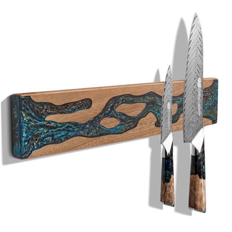 lot 42751 image: FINDKING Magnetic Knife Strip for Wall, Solid Acacia Wood with Mineral Blue Resin Inlay, Wall-Mounted Knife Holder with Strong Magnetic Hold, No-Drill Adhesive Mount (16 Inch) - Retail $40