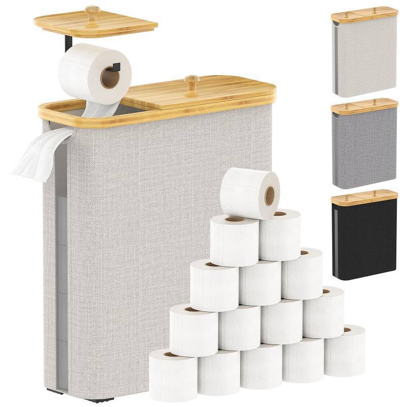 lot 19811 image: 42L Toilet Paper Basket with Bamboo Lid, Toilet Paper Storage with Toilet Paper Holder & Non-Slip Mat for Bathroom Organizer, Holds up to 19 Regular Rolls or 14 Mega Rolls, Collapsible & Stackable - Retail $29