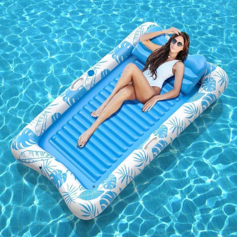 lot 26178 image: Rrtizan Inflatable Tanning Pool Rafts for Adults, 83.5 x 52.4 Adult Pool Floats with Pillow, Cup Holder & Handles, 4-in-1 Suntan Tub Raft Floatie for Pool, Backyard, Kids Ball Pit (Blue-White)