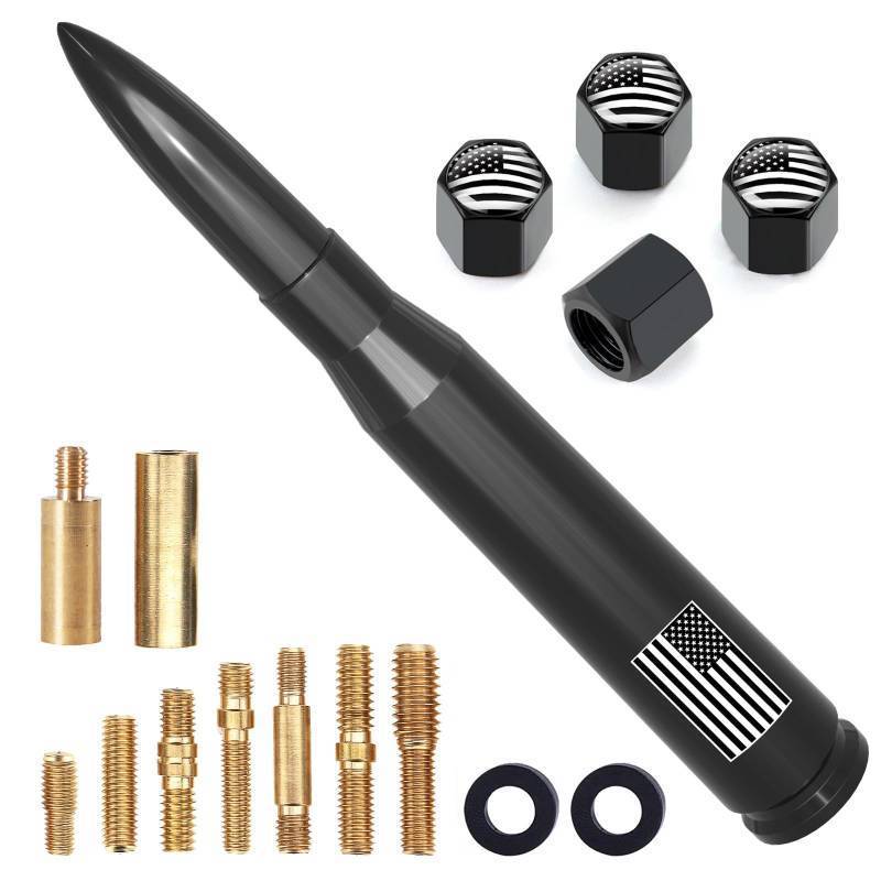 lot 7054 image: Car Truck Antenna with Tire Valve Caps American Flag Universal Short Replacement for GMC Sierra Chevy Silverado Dodge Ram 1500 2500 3500 Ford F150 F250 F350 Super Duty Raptor Radio Accessories, Black - Retail $9