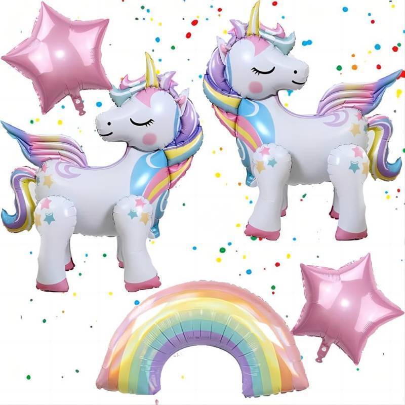 lot 13159 image: DUILE 5 Pcs Self Standing Unicorn Balloons - 3D Rainbow and Star Foil Balloons for Birthday Party Decorations and Supplies - Retail $13