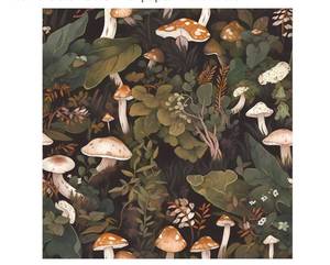 lot 19401 image: Mushroom Peel and Stick Boho Jungle Wallpaper BlackGreen Leaf Forest for Bathroom Bedroom - Removable Renter Wallpaper 17.7in x 9.8ft 2 Rolls - Retail $40