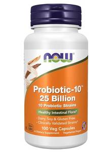 lot 19428 image: NOW Foods Supplements, Probiotic-10, 25 Billion, with 10 Probiotic Strains, Dairy, Soy and Gluten Free, Strain Verified, 100 Veg Capsules EXP 102025 LOT OF 3