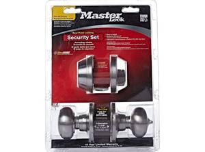lot 19432 image: Master Lock BCCO0615 Satin Nickel Biscuit Single Cylinder Deadbolt & Keyed Entry Combo - Retail $60