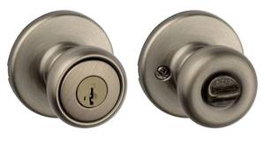 lot 19438 image: Kwikset Tylo Entry Door Knob with Lock and Key, Secure Keyed Handle Exterior, Front Entrance and Bedroom, Antique Brass, Pick Resistant SmartKey Rekey Security and Microban