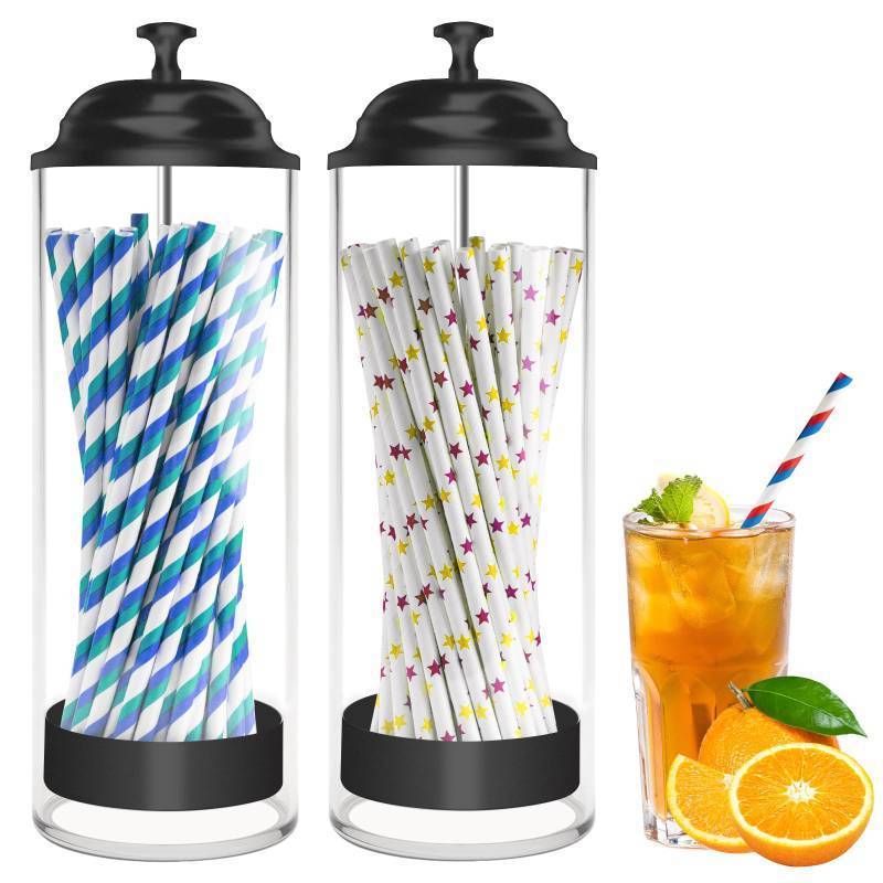 lot 23877 image: Straw Holder for Standard Size Drinking Straws, Acrylic Plastic Straw Dispenser for Counter with Lid Black - Pack of 2(Straws Not Include) - Retail $26